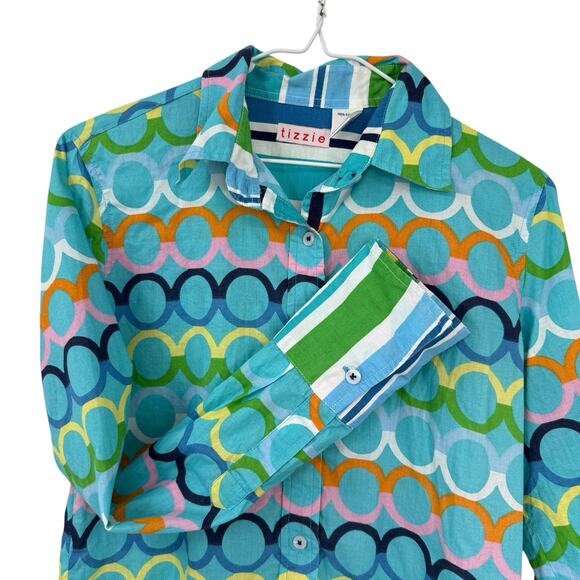 Tizzie Button Up Shirt Colorful Circles Print Cotton Long Sleeve Top - Picture 2 of 7